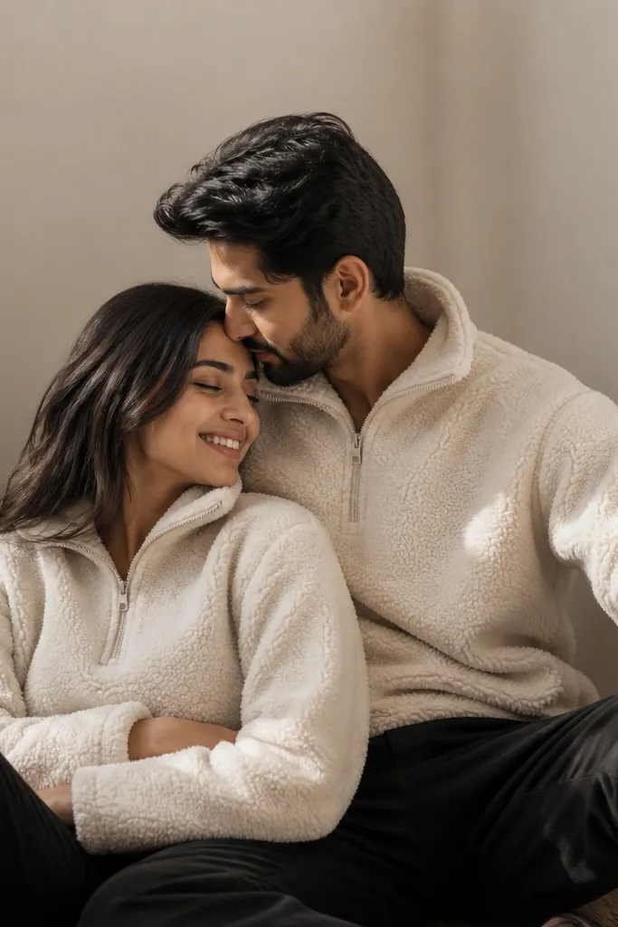 A digital save-the-date with a cream teddy fleece pullover and dark trousers. The couple is photographed in a cozy indoor corner with soft shadows, and the fleece texture is prominent.