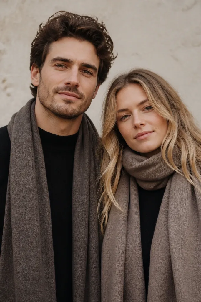 A digital save-the-date with a black thermal base layer visible under a long wool scarf draped down the chest. The background is a neutral outdoor wall and the scarf looks thick and matte.