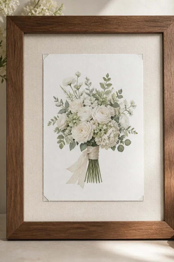 A warm walnut picture frame with a cream linen mat. The wedding card sits centered behind the glass with clean, visible corners where it's held by small clear tabs. Soft daylight highlights the wood grain.