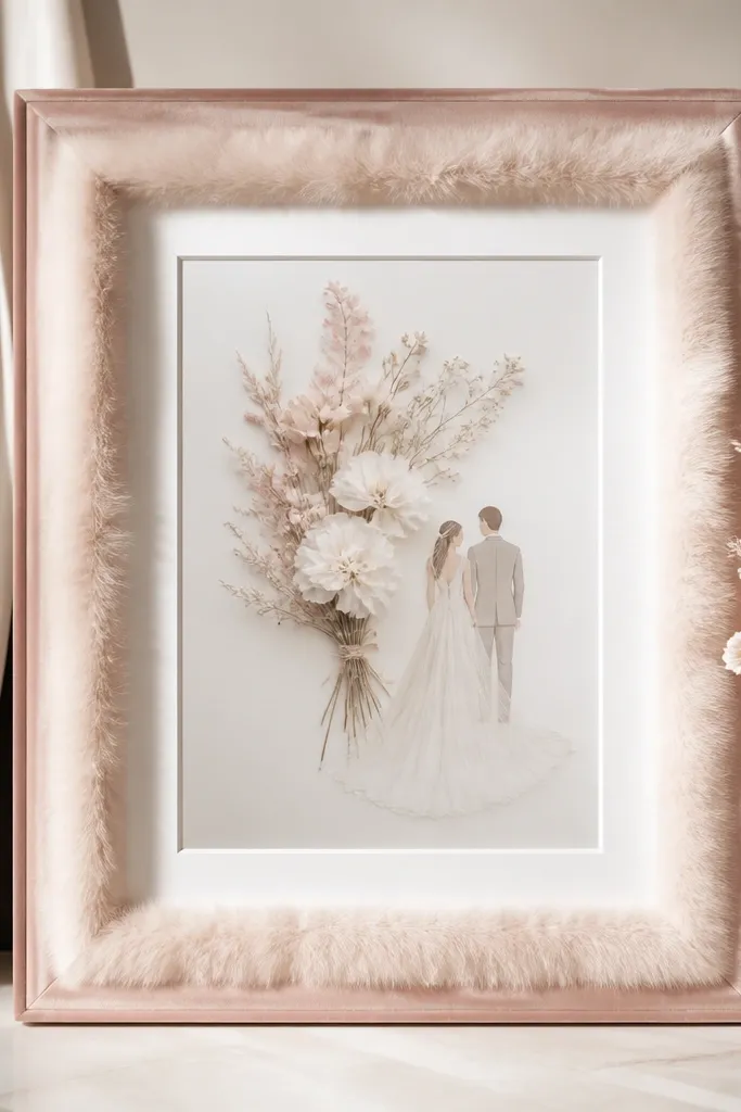 A blush-pink frame with a faux fur trim around the inner edge. A bright white mat creates a crisp border, and the wedding card is centered behind clear glass. The fur looks soft and dense, catching light like a powdery cloud.