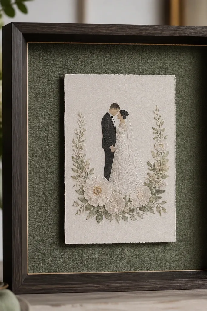 A deep shadow-box frame with sage green boiled wool felt backing. A thin line of gold thread trim runs along the inner edge, and the wedding card is mounted slightly raised in the center.