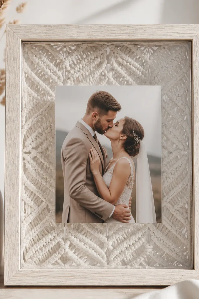 A white or natural wood frame with a cream macramé panel placed behind the glass. The wedding card sits centered, and you can see the lace pattern softly through the background.