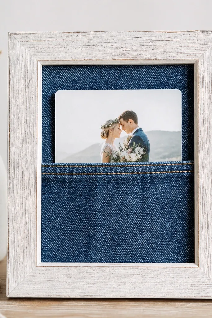 A whitewashed pine frame with a denim fabric pocket sewn to the backing. The wedding card slides neatly into the pocket, and the top edge of the card is visible above denim stitching.