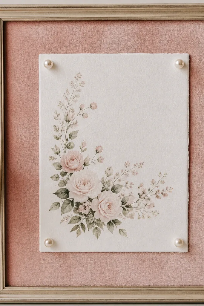 A frame with a soft blush velvet backing. The wedding card is held by small pearl pushpins at each corner, and the velvet texture is clearly visible around the card edges.