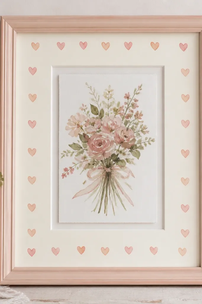 A pastel frame with a creamy mat. Around the inside opening, small hand-painted hearts in blush and pale peach sit like a border, and the wedding card is centered under glass.