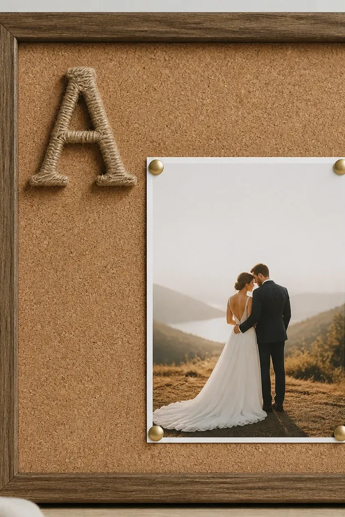 A frame with cork backing. A simple twine-wrapped monogram letter sits in the top-left corner, and the wedding card is pinned with small brass thumbtacks.
