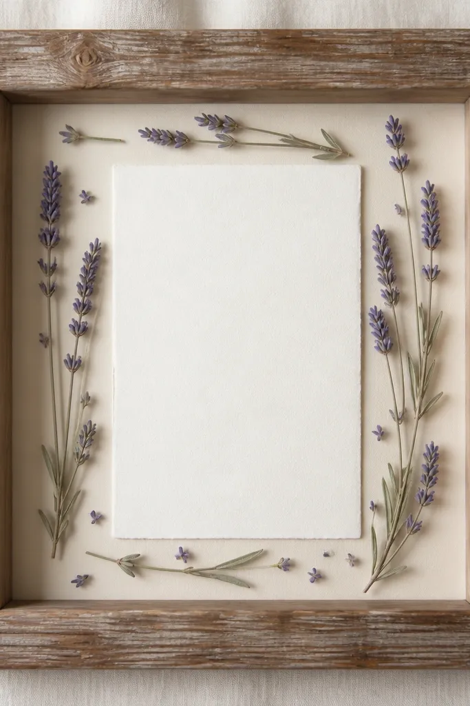 A worn reclaimed wood frame with a cream mat. Pressed lavender sprigs sit lightly around the card edges inside a clear acrylic cover, with the card centered under glass.