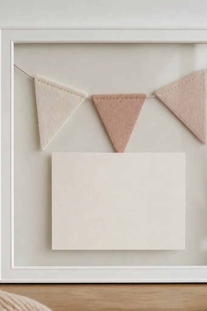 A white frame with glass. Three small felt pennants in cream and muted pink hang across the top half behind the card, creating a soft banner effect.