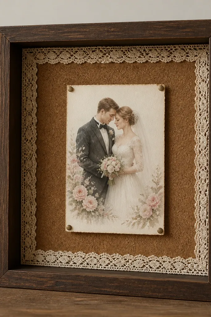 A deep shadow-box frame. The backing is cork, and around the inner edge there's a strip of cream lace trim. The wedding card is pinned or mounted slightly raised.