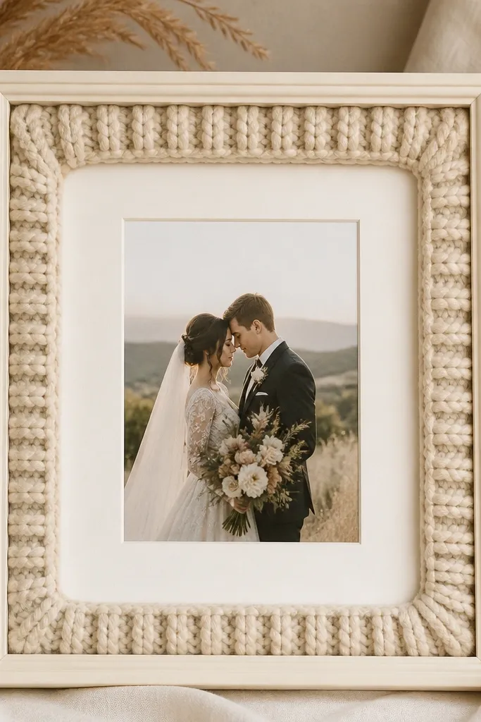 A cream frame with a knit sweater cuff border inside the opening. The knit fabric looks chunky and cozy, while a smooth ivory mat keeps the wedding card centered and readable.
