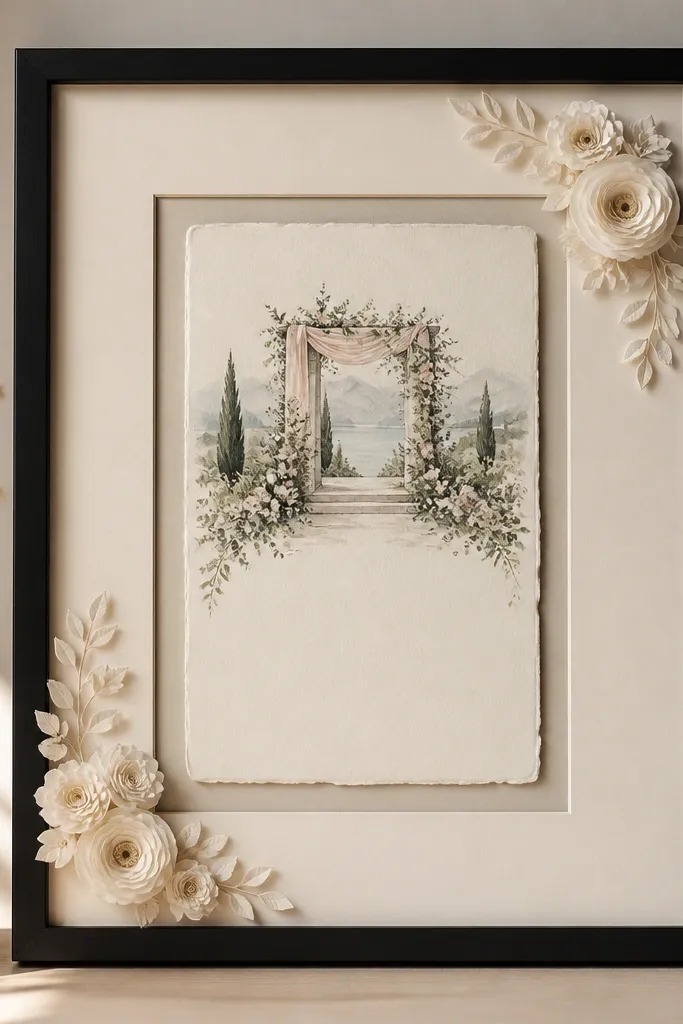 A sleek black frame with a cream mat. Small cream paper flowers sit in the bottom-left and top-right corners, and the wedding card is centered behind glass.