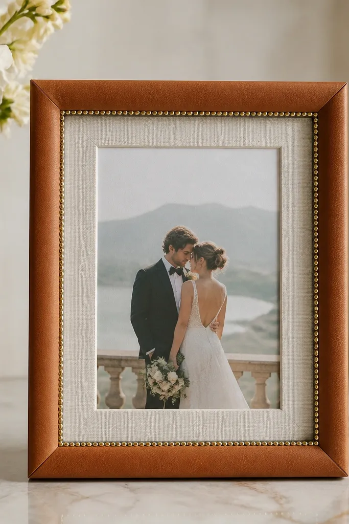 A frame wrapped in warm tan leather. A linen insert panel sits inside, and tiny gold studs line the inner edge like a thin border. The wedding card is centered behind glass.