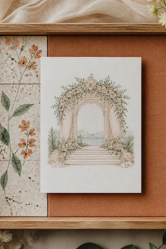 A frame with a small ceramic tile panel on one side and a terracotta mat. The wedding card sits centered, and the tile has a speckled glaze that adds warmth.