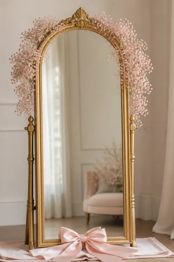 A gold standing mirror. Blush baby's breath clusters wrap lightly around the upper edges. At the base, a blush satin bow sits centered on a small folded fabric runner beneath the mirror.
