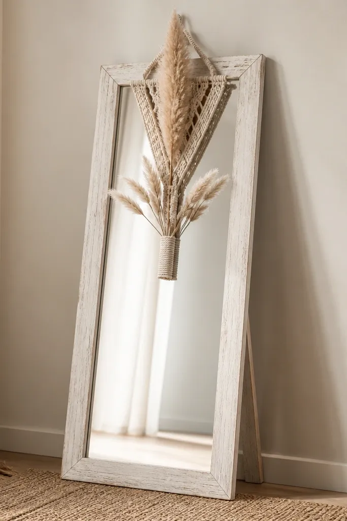 A whitewashed standing mirror leaning slightly forward. A small woven macramé hanger wraps the top. A single dried pampas plume stands upright in the center, with a few shorter plumes fanning out near it.