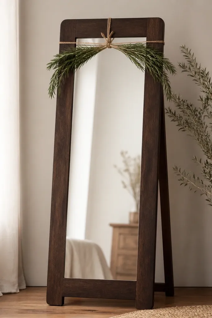 A dark walnut standing mirror. Fresh rosemary sprigs are tied into a light cross wrap on the front. Natural twine crosses at the top center, with two small rosemary bunches on each side.