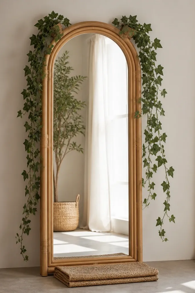 A rattan-framed standing mirror. Artificial ivy vines trail from the top corners down the sides in a gentle cascade. Under the mirror is a woven jute mat folded into a neat rectangle.