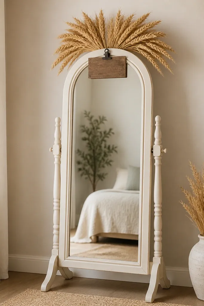 An ivory standing mirror with dried wheat stalks arranged in a fan at the top. A small rustic wooden sign is clipped to the mirror frame, centered above the mirror surface.