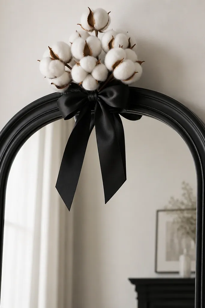 A black standing mirror. White cotton-like blooms (cotton stems or faux cotton) sit in a small cluster on the top center. A crisp satin ribbon bow is tied at the base of the cluster.
