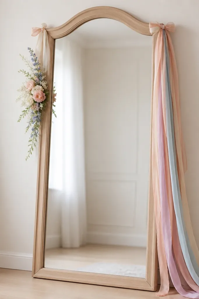 A standing mirror with a light wood frame. Pastel ombre ribbon streamers are tied to the top corners, flowing down one side. A small floral corner cluster sits on the opposite side near the upper third.