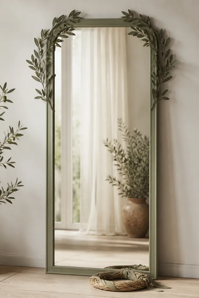 A sage green standing mirror. Faux olive branches curve around the top corners. At the base, there's a small woven wreath lying flat, with a thin ribbon tied around it.