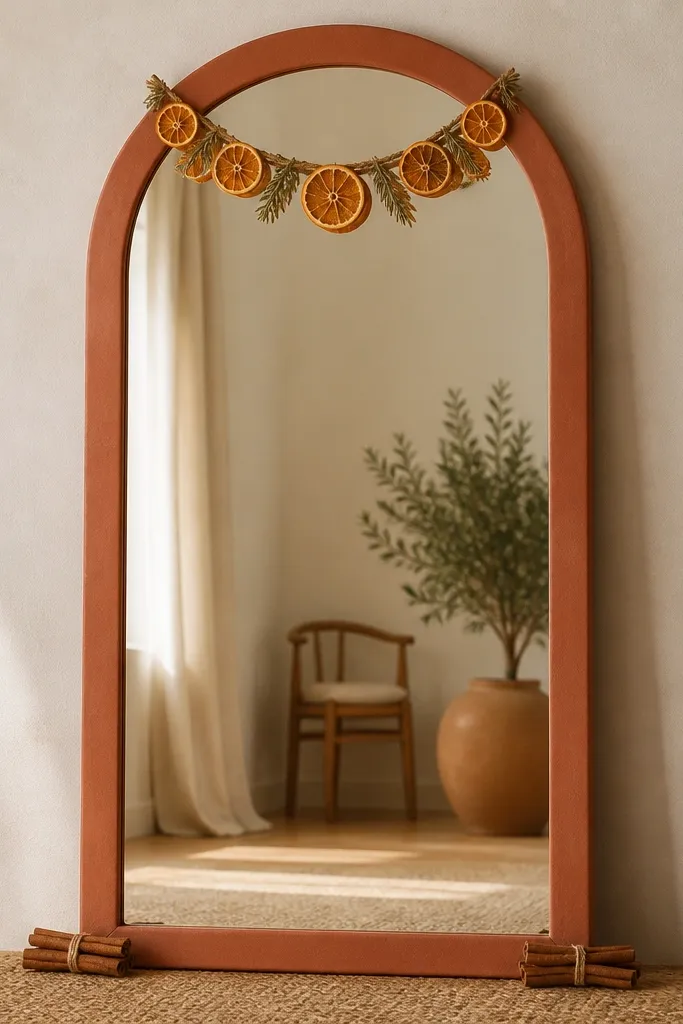 A standing mirror with a terracotta painted frame. Dried orange slices are tucked into a small garland above the mirror. Cinnamon sticks lie parallel at the base corners, tied with twine.