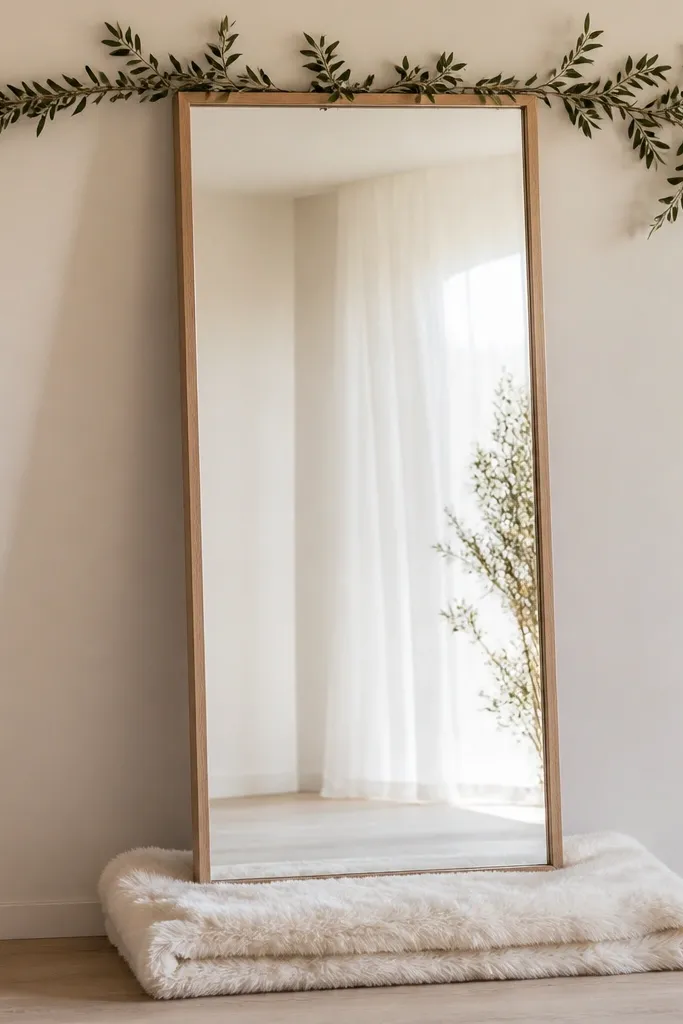 A standing mirror with a simple wood frame. The base sits on a white faux fur throw folded neatly. A minimalist line of greenery runs along the top edge, with small gaps for the mirror to shine.