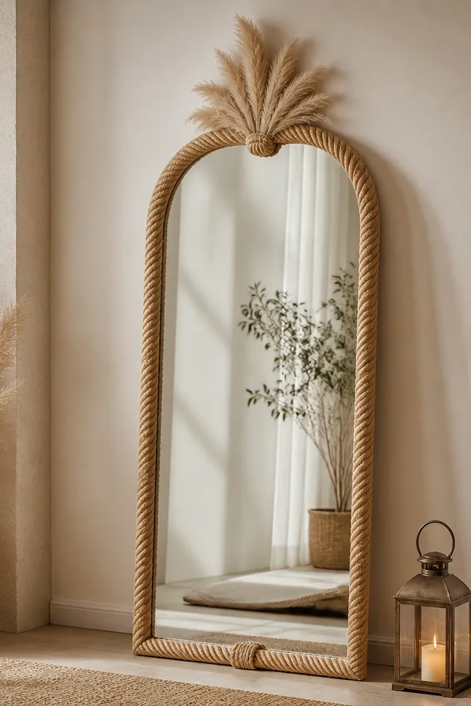 A standing mirror wrapped with natural rope around the frame edges. A pampas tuft rises from the center top area. On the floor near the base is a small lantern with warm candlelight.