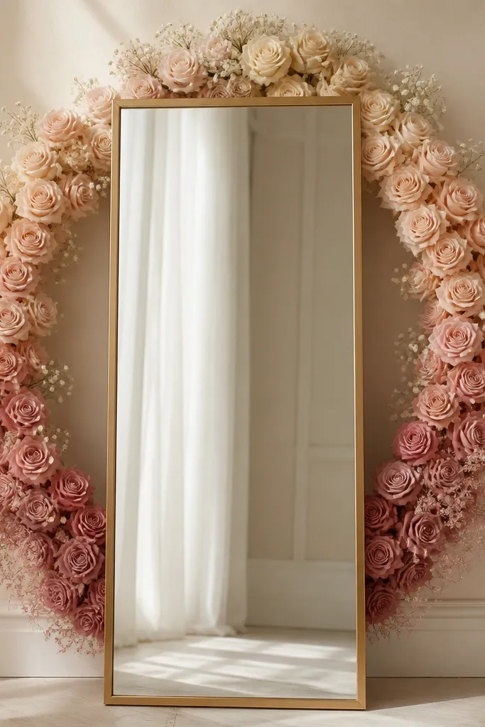 A standing mirror with a simple frame. A blush ombre floral ring is leaned behind the mirror, forming a halo around the mirror edge. Small white filler flowers dot the ring.