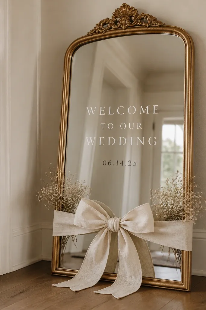 A tall antique-gold framed mirror leaning against an entry wall. A thick off-white linen ribbon is tied into a full bow around the bottom third of the frame. Cream vinyl lettering is centered on the mirror glass with a thin black-brown date line underneath. Small sprigs of dried baby's breath sit at both sides of the ribbon.