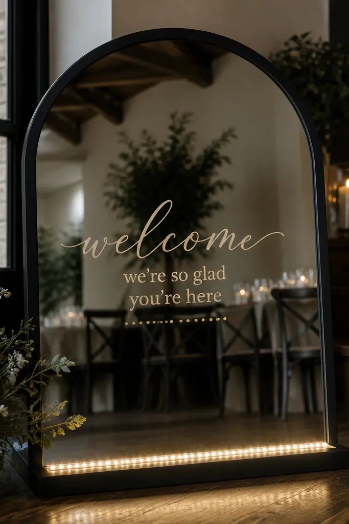 A matte black framed mirror with a black base. Along the very bottom edge of the mirror, a thin strip of warm white LED lights is taped in a straight line. The mirror has warm white vinyl text and a small line of gold dots under the main welcome phrase.