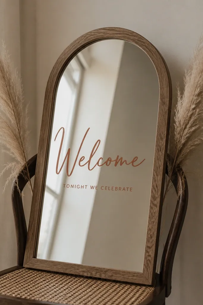 A woodgrain mirror leaning on a chair. The glass has terracotta-colored lettering in a hand-painted style, with "Welcome" large and "Tonight we celebrate" small below. Two pampas grass wisps sit on either side of the mirror, angled upward.