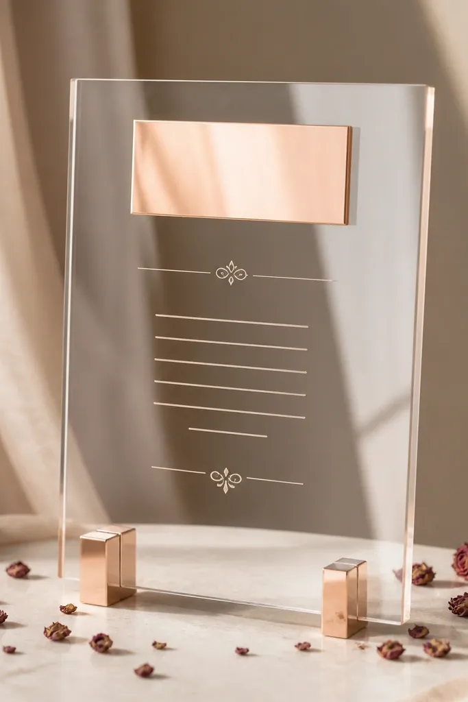 A clear acrylic panel with a mirror finish is propped on two small stands. A rose-gold foil nameplate sits at the top, and warm cream text is printed below. Tiny dried rose petals are scattered around the base in a controlled, symmetrical way.