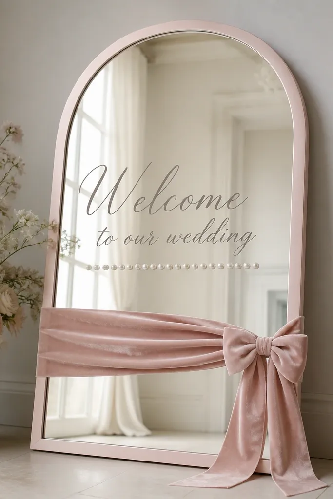 A mirror with a pale blush frame or blush-painted edges. A velvet ribbon wrap sits around the lower half, and a pearl-like dot line runs under the main welcome text. The mirror has a delicate script reading "Welcome to our wedding" in warm gray.