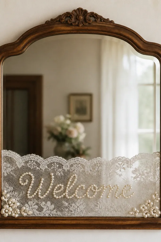 A vintage wooden framed mirror with a lace panel hanging over the lower third. The word "Welcome" is spelled in pearl-like stickers on the lace and glass area. Small pearl clusters repeat at the bottom corners.