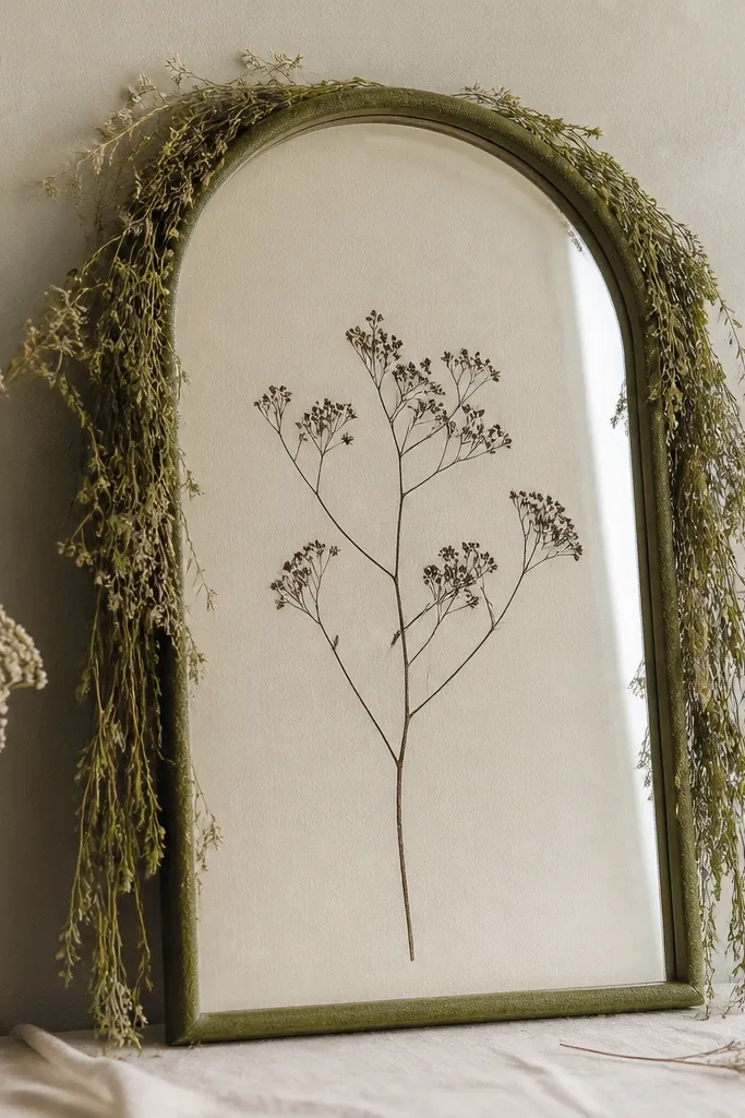 A mirror with a thin frame wrapped in mossy green ribbon. Cream cardstock is placed behind the glass with black-brown lettering. Dried greenery strands wrap around the sides of the mirror frame like a soft curtain.