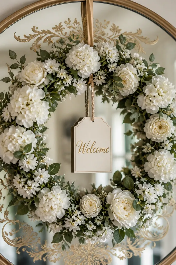 A circular white floral wreath attached to a mirror frame. A small hanging tag reading "Welcome" dangles from the wreath center. Cream and gold lettering appear on the mirror glass behind the wreath.