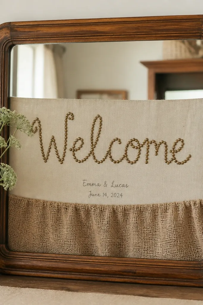 A warm wood framed mirror. A burlap runner is draped across the lower portion like a small curtain. The words "Welcome" are spelled with brass thumbtacks on a cream fabric panel behind the glass, with names and date in small handwriting below.