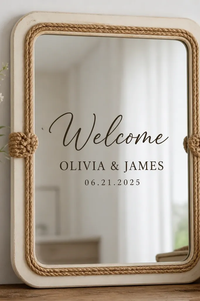 A cream-framed mirror with a braided jute rope border tied around the frame edges. The glass has black-brown typography reading "Welcome" with names and date in a clean block font. Two small jute knots sit symmetrically on the sides.