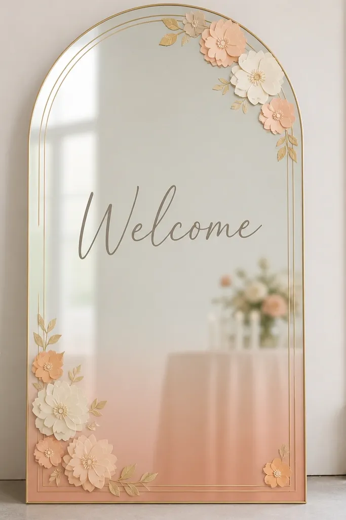 A mirror with a subtle peach ombre effect near the bottom third. On the glass, there are small paper floral cutouts in cream and peach, with thin gold linework forming a border. The main "Welcome" text is in warm gray.