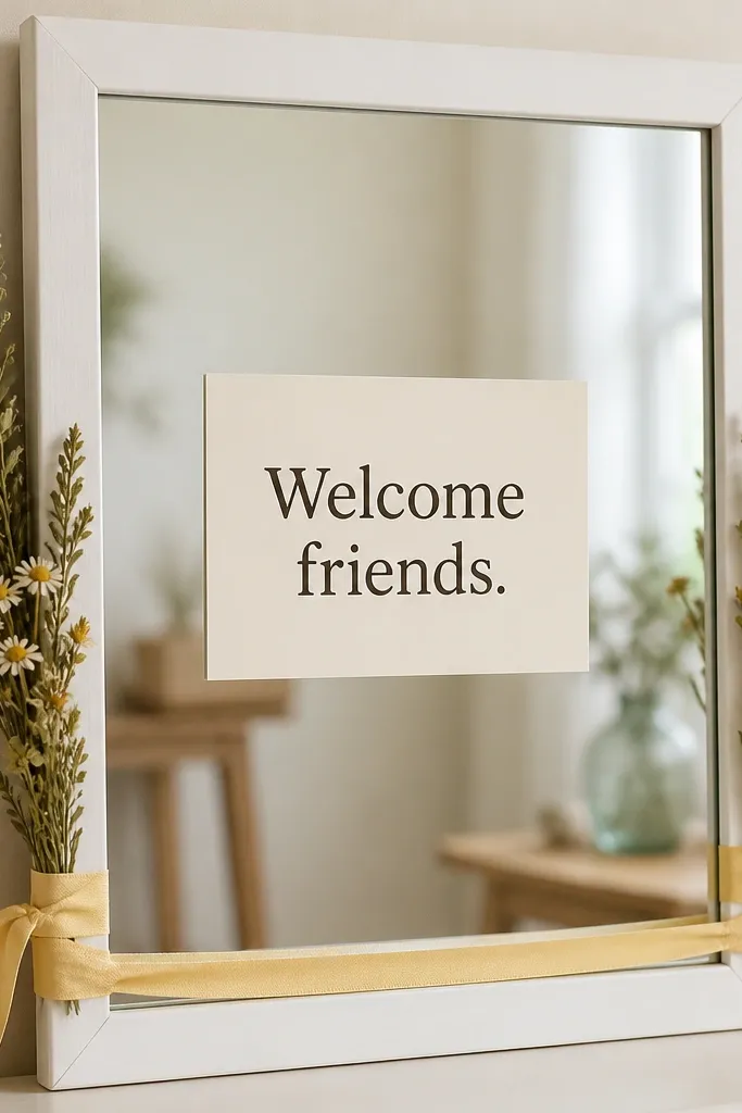 A mirror with a simple white frame. Along the right and left edges, small bundles of dried lemon balm and chamomile sit tucked behind the frame. A soft yellow ribbon wraps the bottom edge. The glass has a cream sign card with black-brown lettering: "Welcome friends."