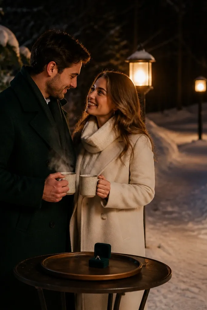 A snowy path at night with three warm lanterns spaced along the walkway. Two people stand near a small table holding steaming mugs and a closed ring box on a tray. One lantern glows behind them, and the couple's coats are deep green and cream.