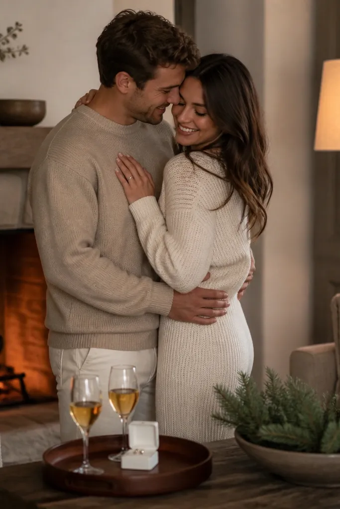 An indoor living room with a lit fireplace. The couple stands in front of a warm hearth, wrapped in cream and oatmeal knit sets. A small leather tray holds a ring box beside two glasses of cider, with a floor lamp glowing from the side.
