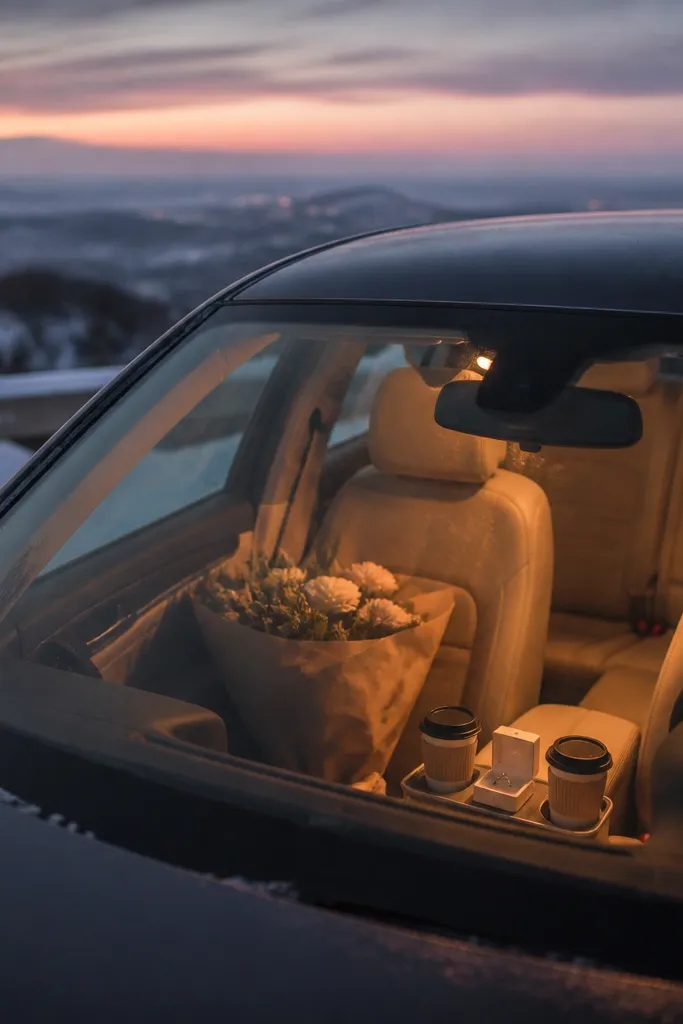 A parked car on a snowy overlook at dusk. The windshield has gentle defrosted clarity, and the interior light is warm. A bouquet wrapped in kraft paper sits on the passenger seat, with a ring box on a small tray between two hot drinks.