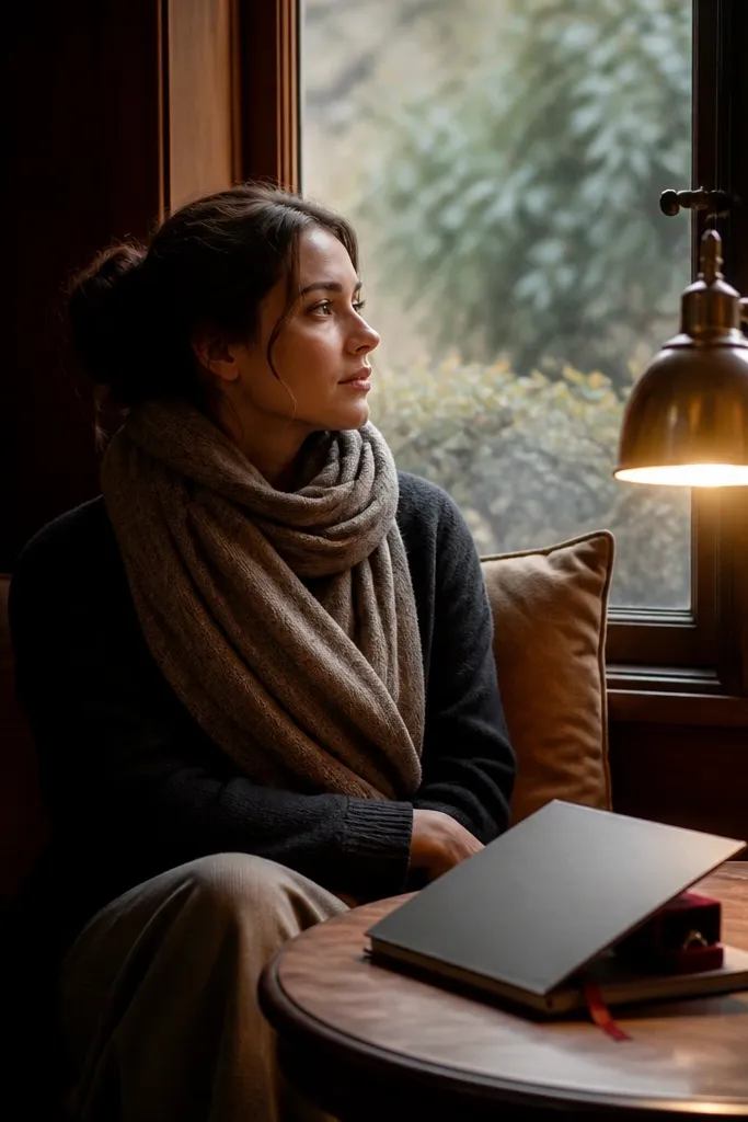 A quiet library reading nook with a window behind. A person sits on a cushioned bench with a thick scarf, while a small table holds a book with a ribbon bookmark and a ring box partly visible inside the cover. Warm desk lamp light creates a soft halo.