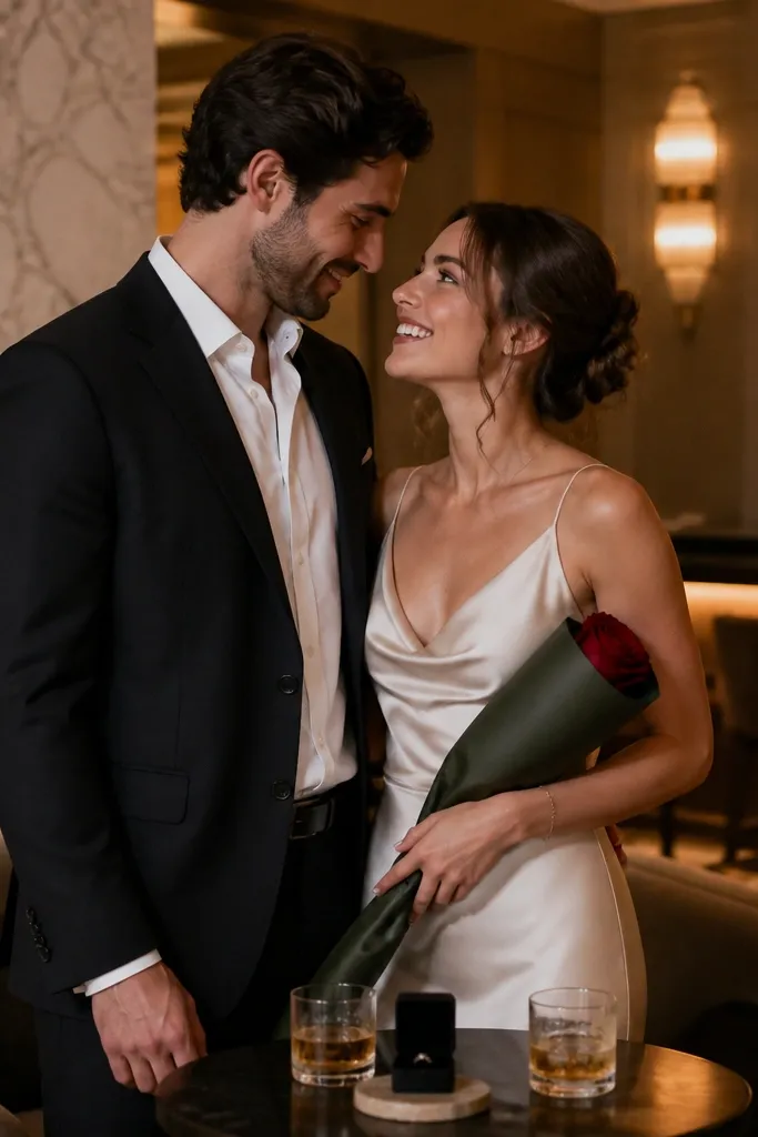 A hotel lobby with a fireplace in the background and a bar shelf lit by warm sconces. One rose is wrapped in dark green paper. The couple stands near a small round table with two drinks and a ring box centered on a coaster.