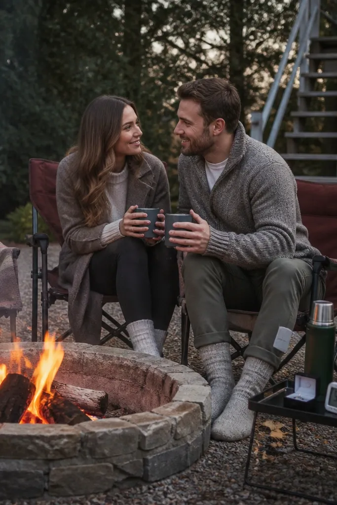 A backyard firepit glowing orange with a semicircle of folding chairs. A small tray holds two thermoses, a ring box, and a cute digital thermometer turned toward the camera. The couple wears coordinated wool layers and thick socks.