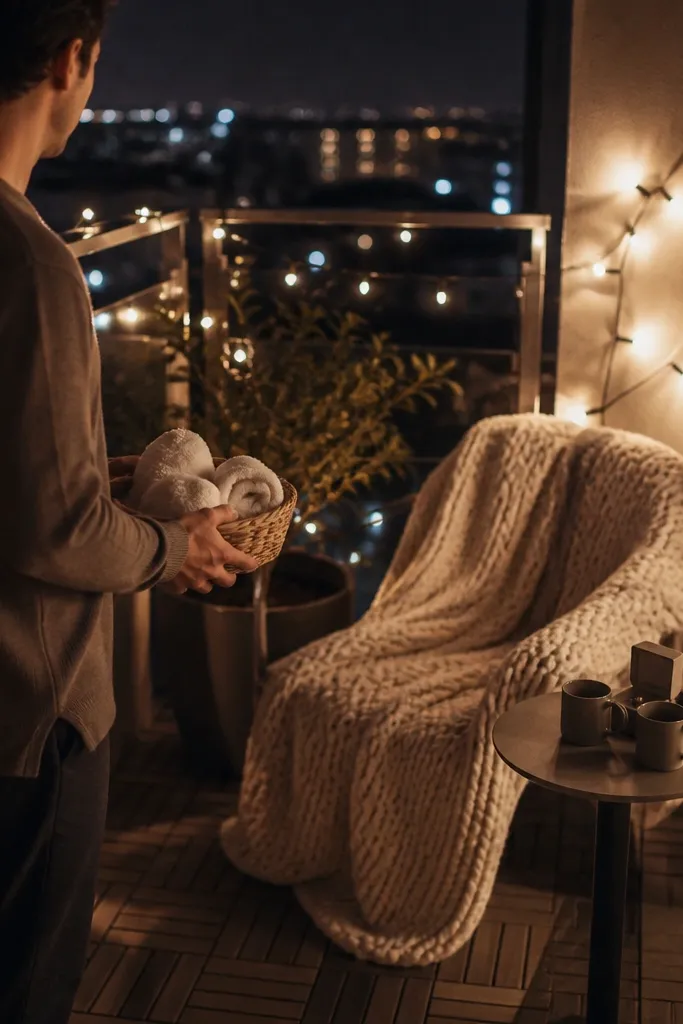 A small apartment balcony at night with string lights. A thick wool blanket covers a chair. A person holds a small basket with hot towels wrapped in a handkerchief, and a ring box sits on a side table beside two mugs.