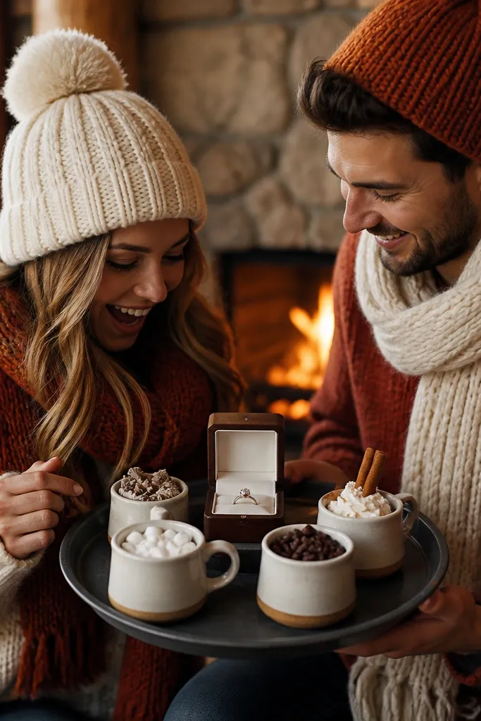 Inside a ski lodge with warm wood and a lit hearth. A server-style tray holds three mini cups of hot chocolate toppings and a ring box in the center. The couple wears wool sweaters, knit beanies, and scarves in rust and cream.