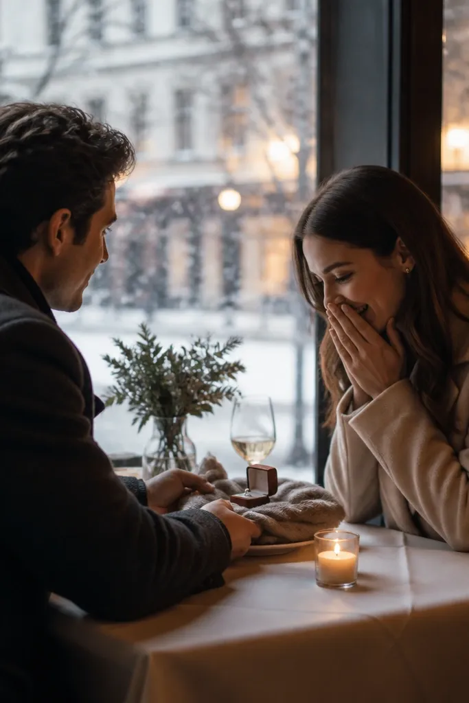 A cozy restaurant with a large window showing snowfall outside. The couple sits at a window seat with a candle on the table. A scarf is wrapped around a ring box placed on a small plate, and both wear wool coats.